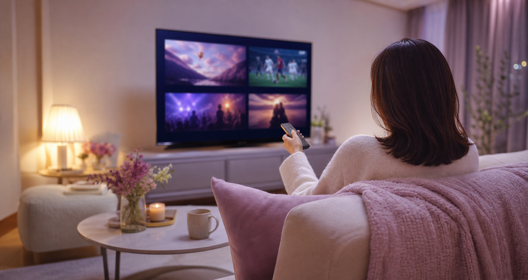 顔がはっきり見えない大人の女性が、ラベンダーピンクの部屋でテレビを見ている様子